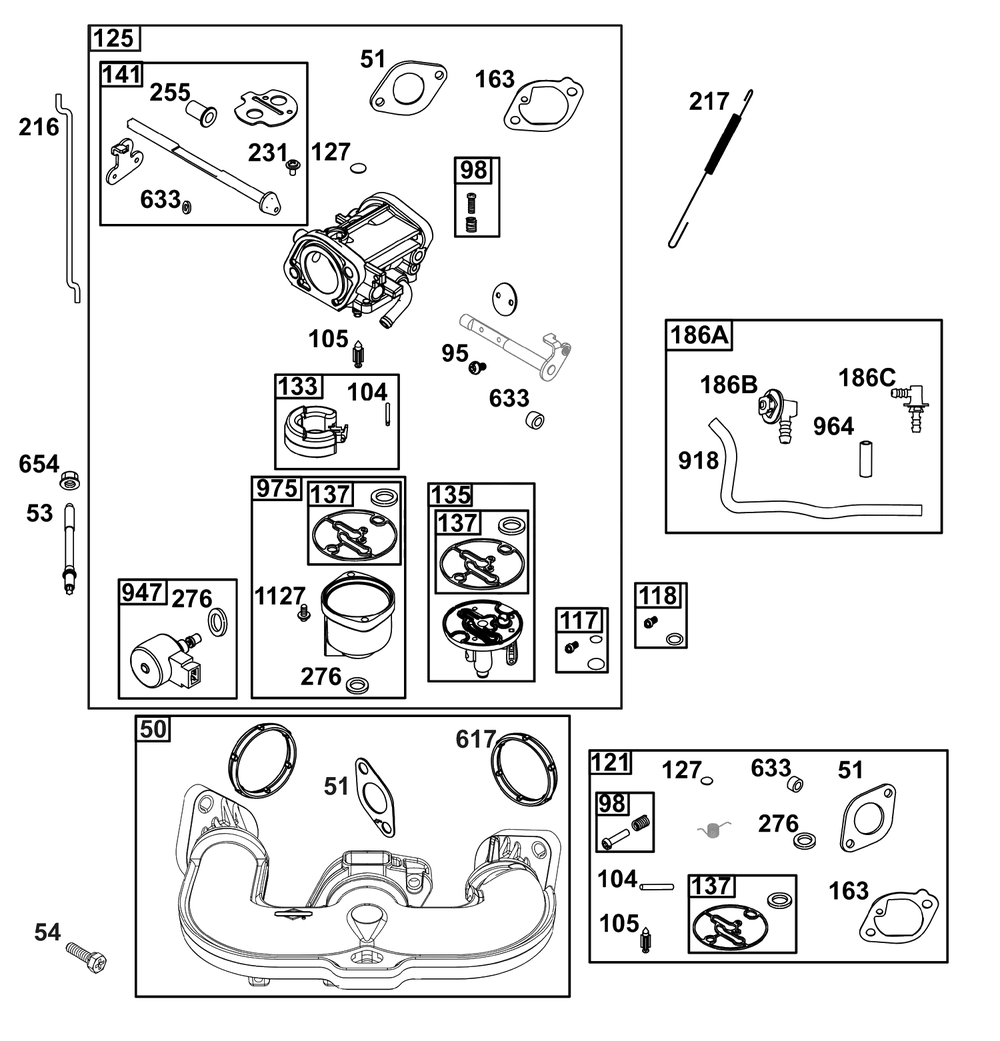 Carburetor Group Diagram and Parts List for 40U877-0020-G1  Briggs and Stratton Engine